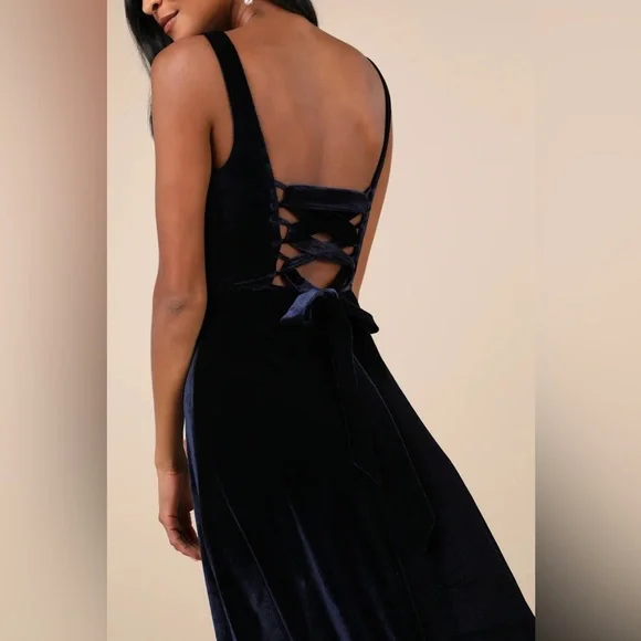 Graceful Invite Navy Blue Velvet Square Neck Lace-Up Maxi Dress - Picture 3 of 4